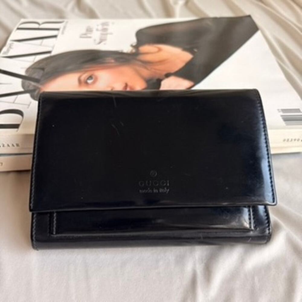 Vintage 90s Tom Ford Era Gucci Patent Logo Wallet - Black, Trifold